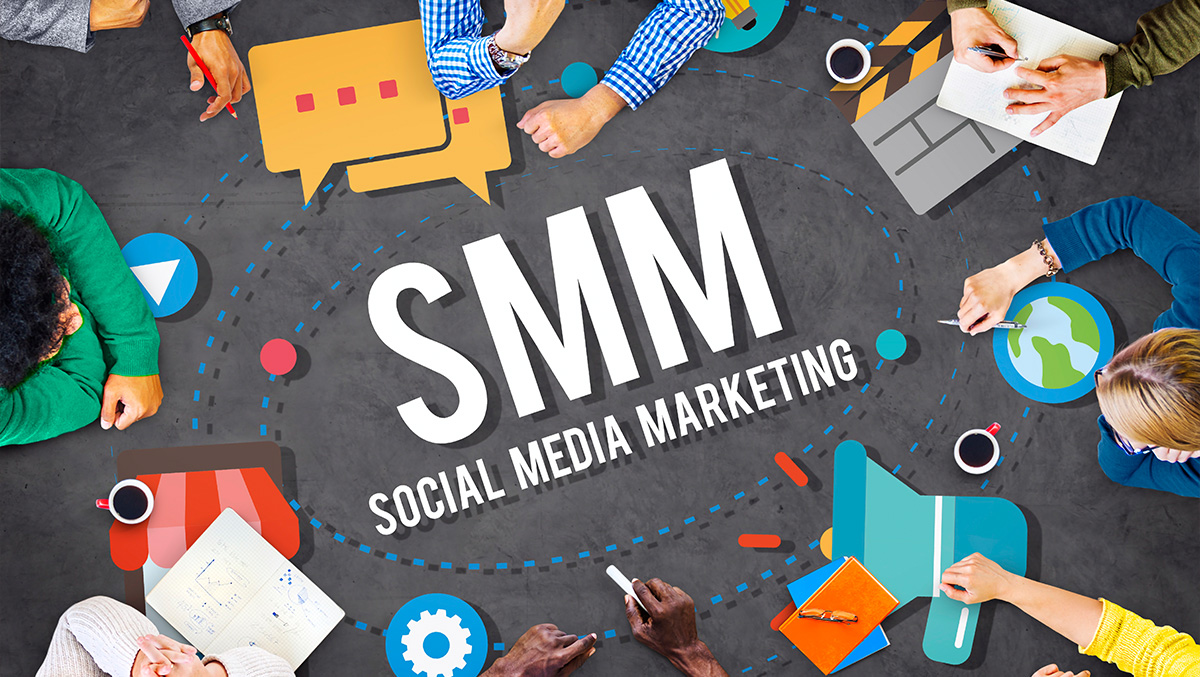 Business people around social media marketing SMM concept Business people around social media marketing SMM concept